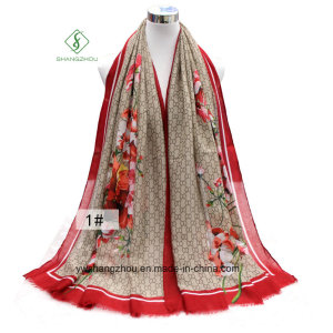 Fashion Lady Scarf Geranium Printed Satin Silk Shawl